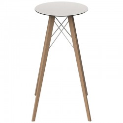 High Table Vondom Faz Wood Top Round Hpl White and Black Edge with Natural Oak Feet Diameter 60 x H105cm