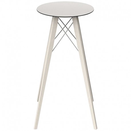 Table Haute Vondom Faz Wood Plateau Rond Hpl Blanc et Bord Noir avec Pieds Chene Blanchi Diamètre 50 x H105cm